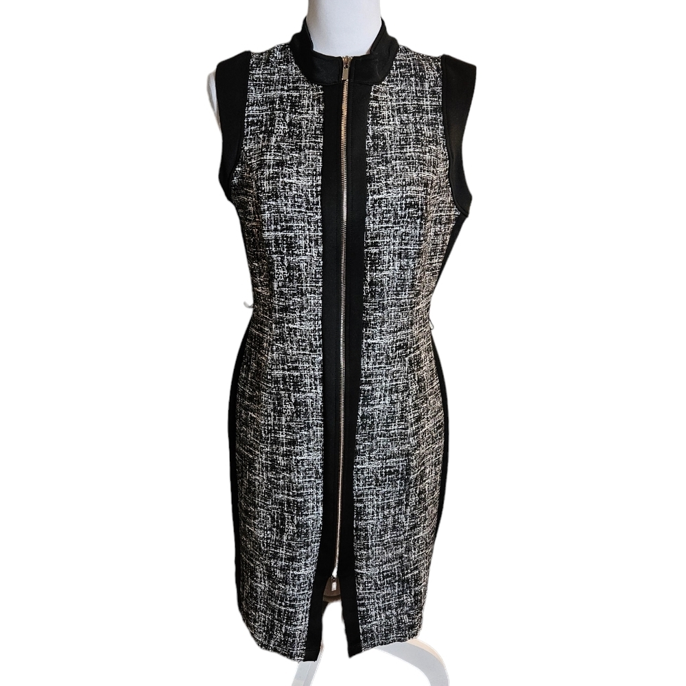Black White Sheath Dress Size 10 Full Zip-Up Sleeveless Workwear Career Office